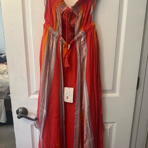 Free People Fiery Red and Gray Striped Dress with 2 slits, pretty and sexy!